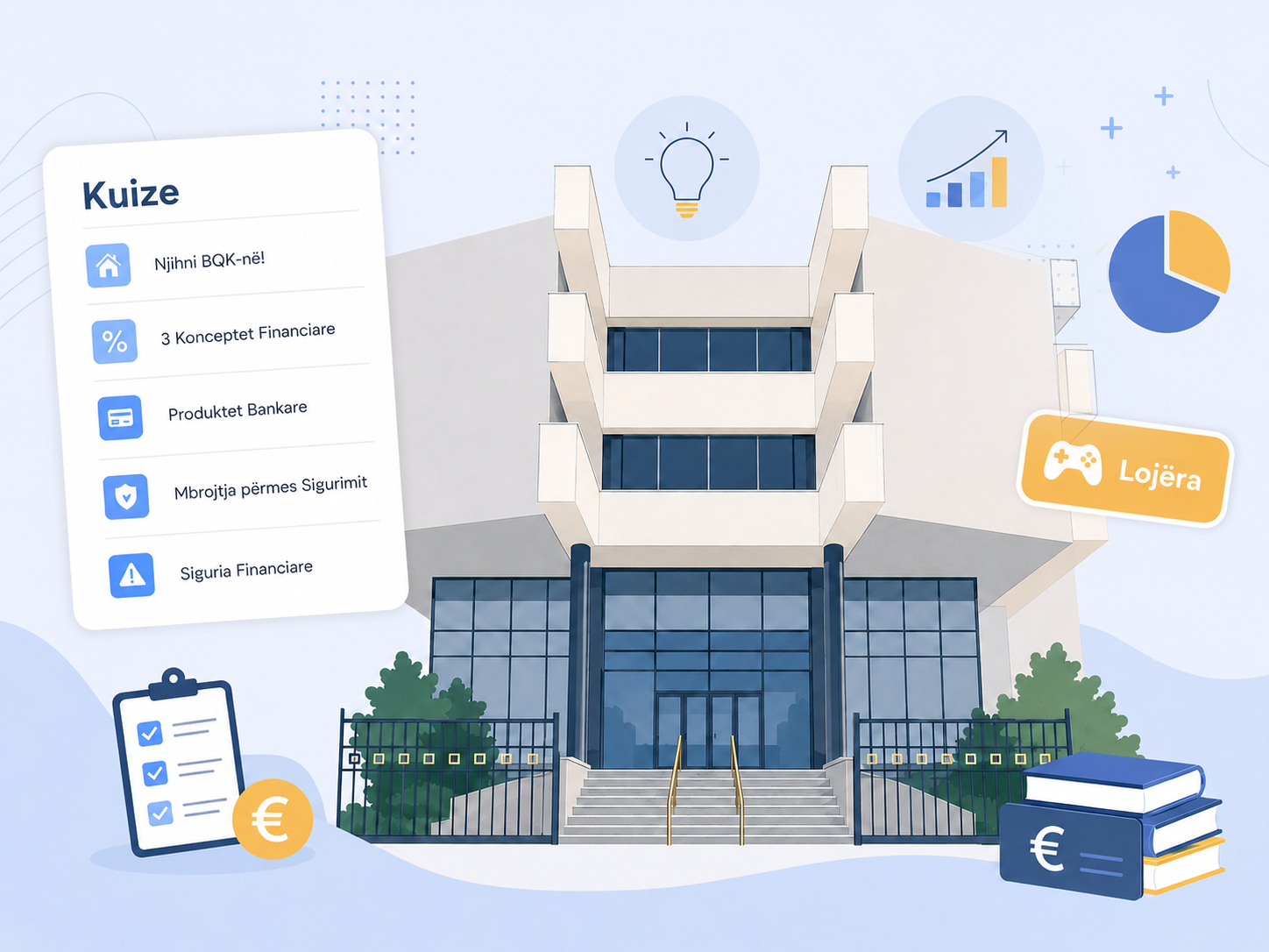 Ndërtesa e Bankës Qendrore të Republikës së Kosovës, me kartën e kategorisë Kuize dhe ikona edukimi financiar